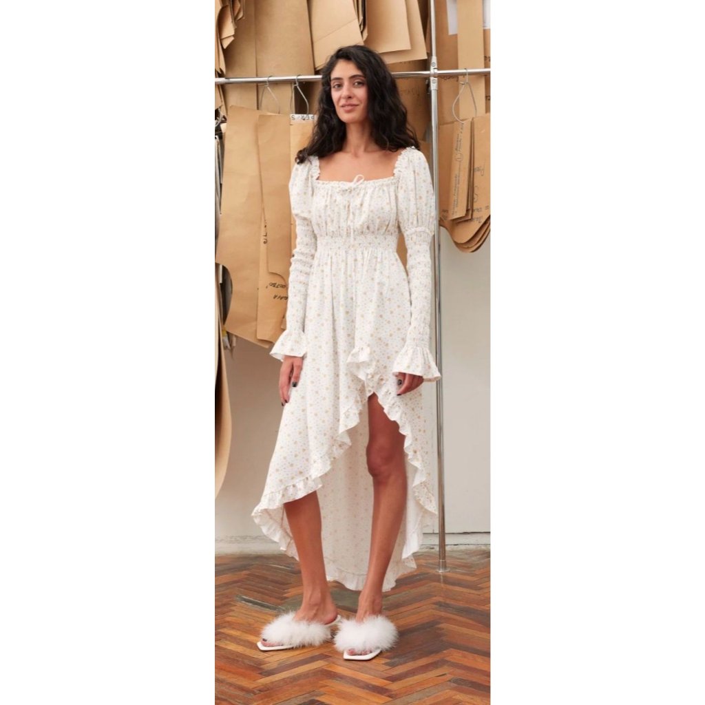 Sleeper Wild Angel Asymmetric Peasant Dress White Mimose Print Size M $370 [Jb]